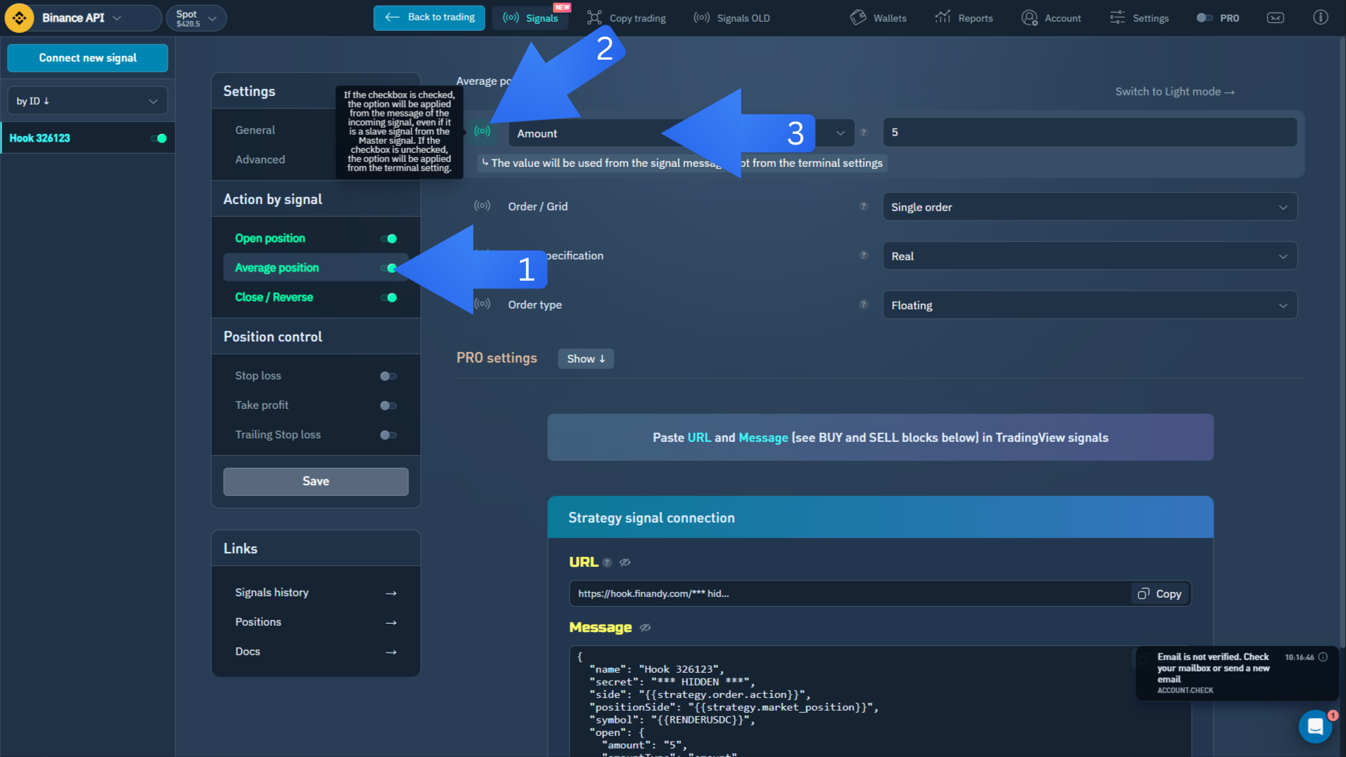 Finandy signal setup: Average position toggle, webhook Amount checkboxes, and Amount quantity type